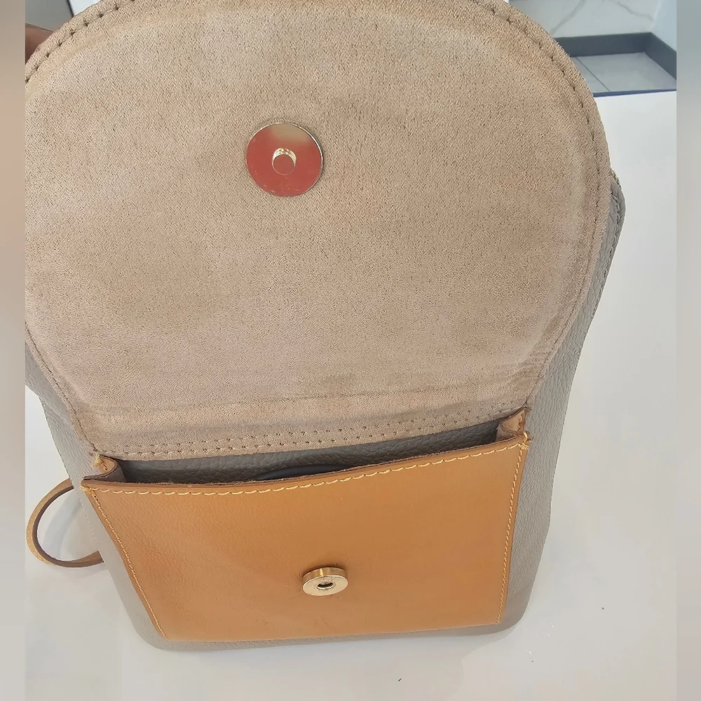 Taupe and Tan Leatherette Women's Backpack - Minimal Pocket Design